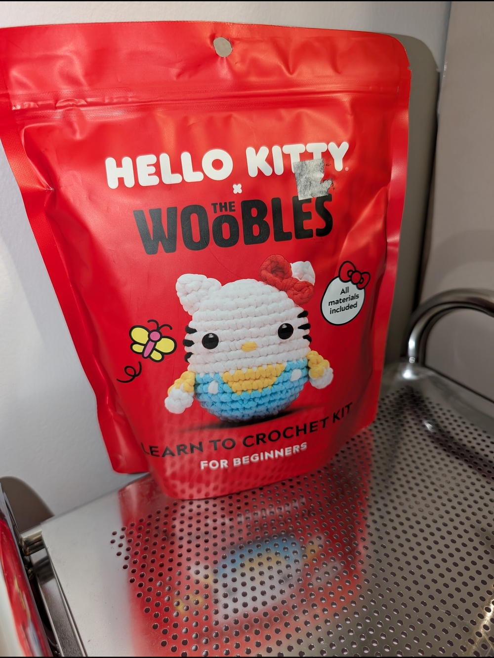 Hello Kitty Crochet Kit Red Packaging with White and Blue Accents